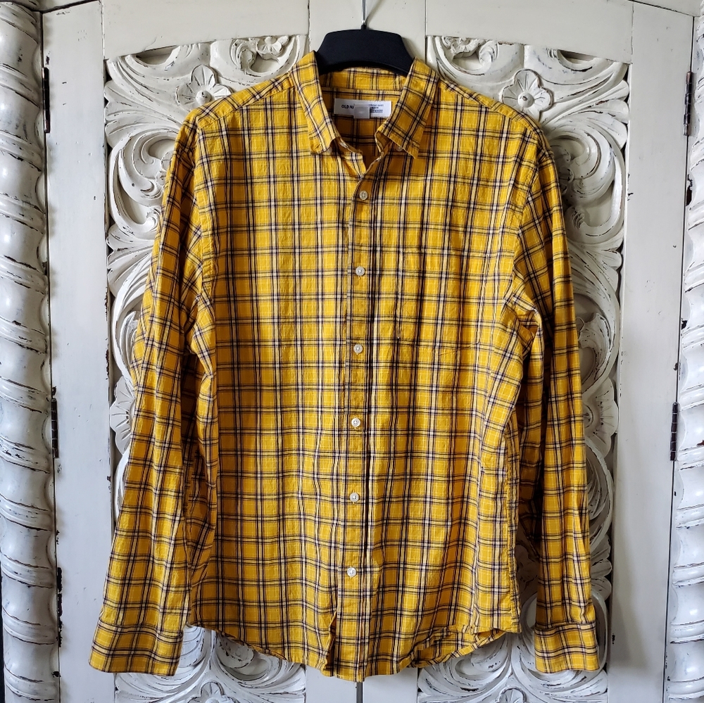 Yellow plaid button down collared shirt